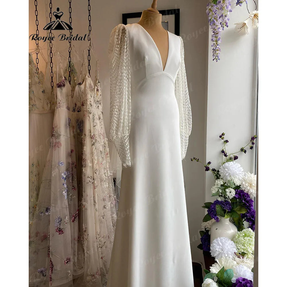 Vibrant Femme Fashion Long Sleeve Lace Soft Satin V Neck Open Back Wedding Dress Women 2024 Robe Boheme Femme Chic Bridal Receipt Dinner Party Gown