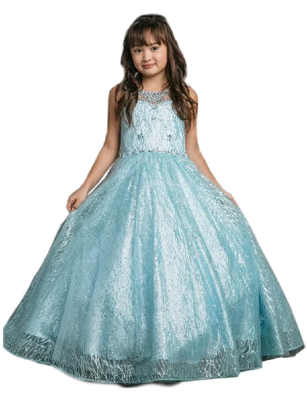 Break Fashion Norms Big Girls Blue Jewel Illusion Neckline Pageant Dress 8-16