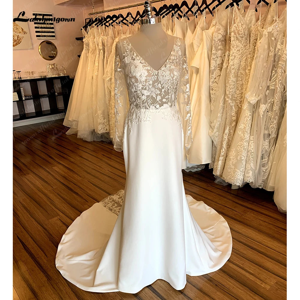 Comfortable Chic Roycebridal Vintage Lace Long Sleeve Boho Wedding Gowns 2025 Abito Da Sposa Sexy Soft Satin Bridal Dress Plunging Open Back