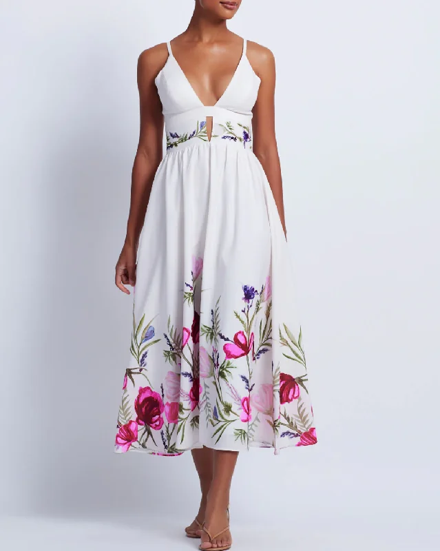 Chic Casual Style Viera V-Neck Midi Dress - White