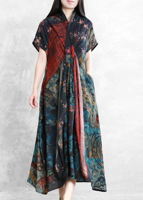 New Arrival Discount Art floral linen dresses v neck asymmetric robes Dresses