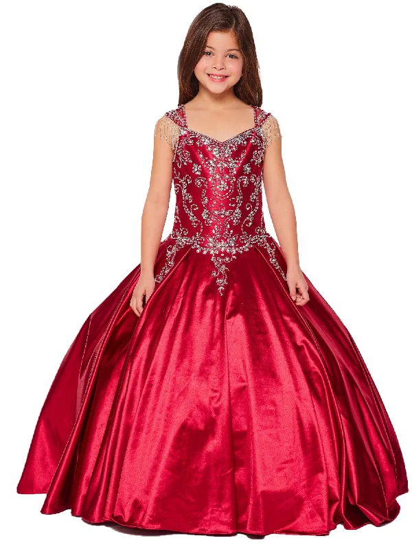 Clothing Sales Big Girls Burgundy Cap Shoulder Rhinestone Beaded Fringe Ball Gown 8-16