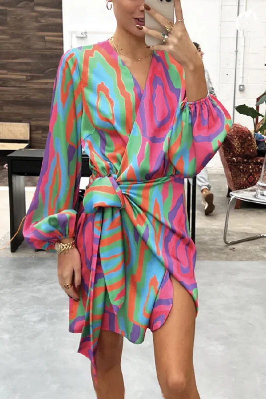 Vintage Style Clothing Sale Dione Bright Abstract Wrap Tie Shirt Mini Dress