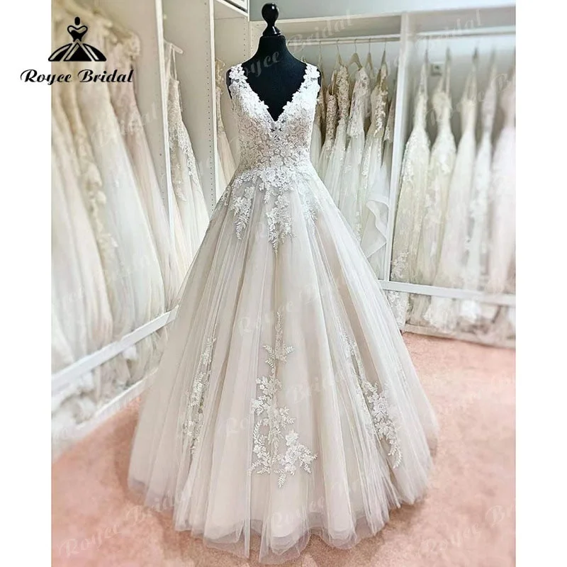 Trendy Women’s Fashion Roycebridal Mariage trajes de novias largos A Line Lace Aplliqued V Neck Wedding Dress Sleeveless Backless Bridal Gowns vestido de novia