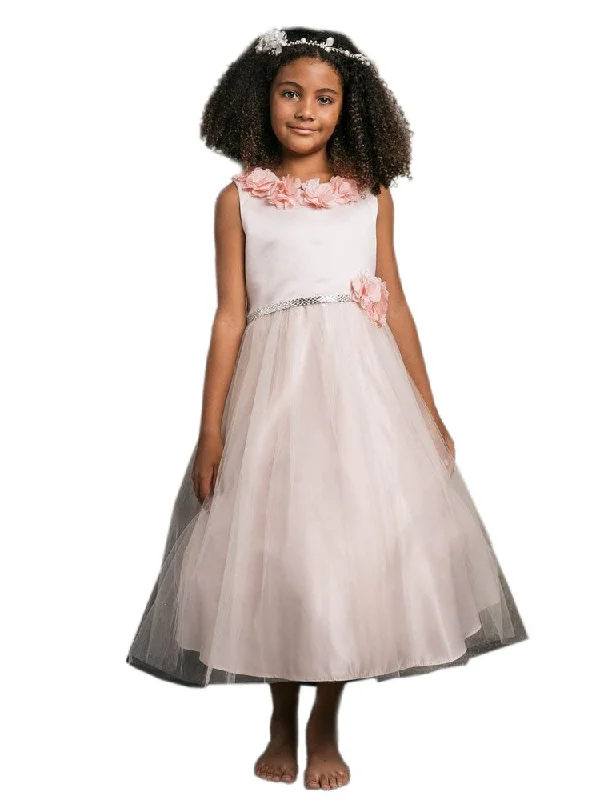 Stylish Statements Little Girls Blush 3D Flower Neckline Rhinestone Belt Dress 2-6