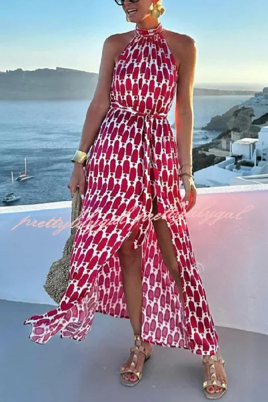 Unique Women’s Fashion Pieces Unique Printed Sleeveless Halterneck Tie-waist Slit Maxi Dress