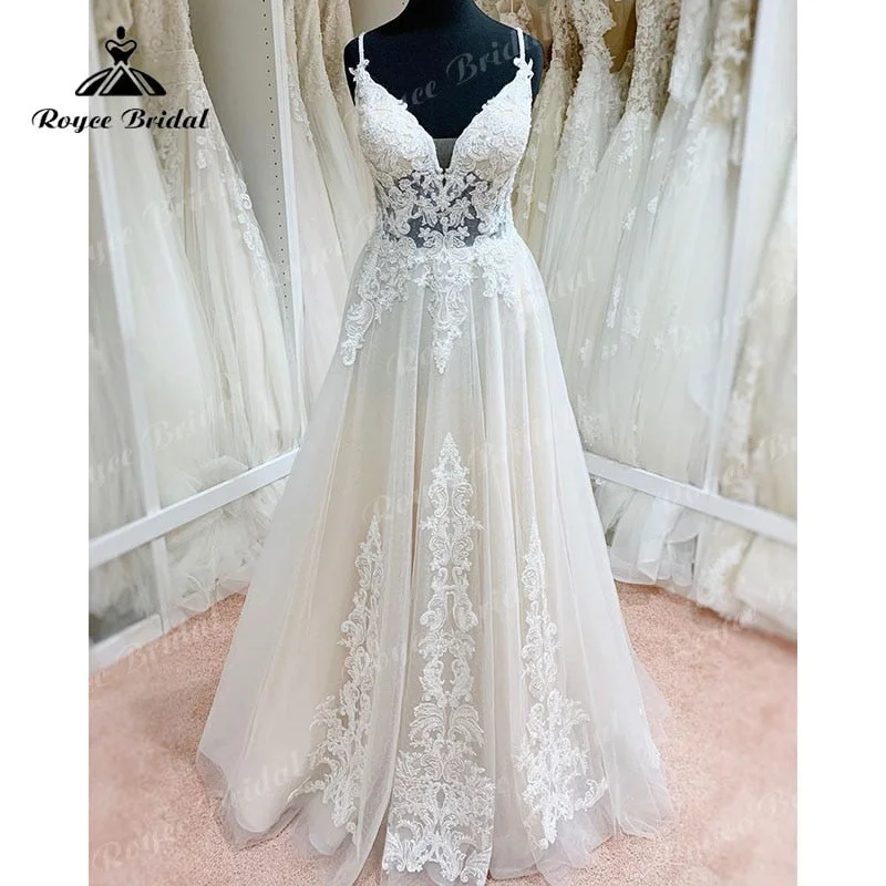 Women’s Trendy Outfits Roycebridal Trouwjurk Spaghetti Straps Boho Robe Mariee Wedding Dress Lace Applique Backless Bridal Gown trajes de novias largos Sexy 2025