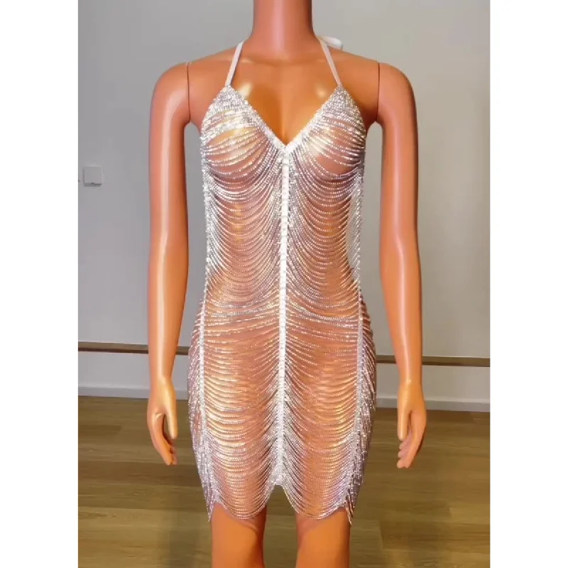 Sale On Clothing Sexy Hollow Out See Through Luxury Cocktail Dress Full Body Rhinestone Chain Bodice Applique Dress Party Clubnight Mini Dress