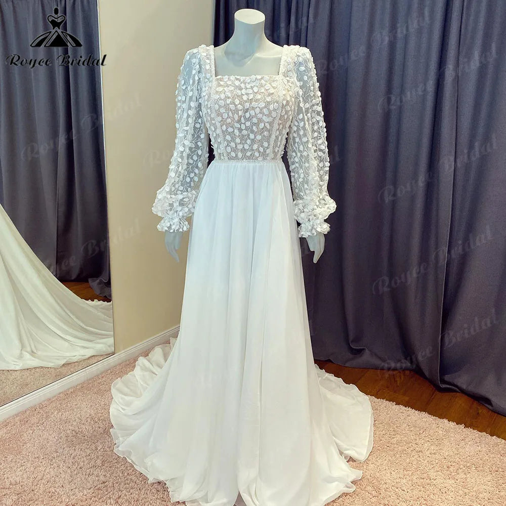 Huge Markdowns Roycebridal Hochzeit Lace Bodice Chiffon Boho Puff Long Sleeve Wedding Dress for Women 2024 Country Beach Bridal Gown Boheme Vestido Novia