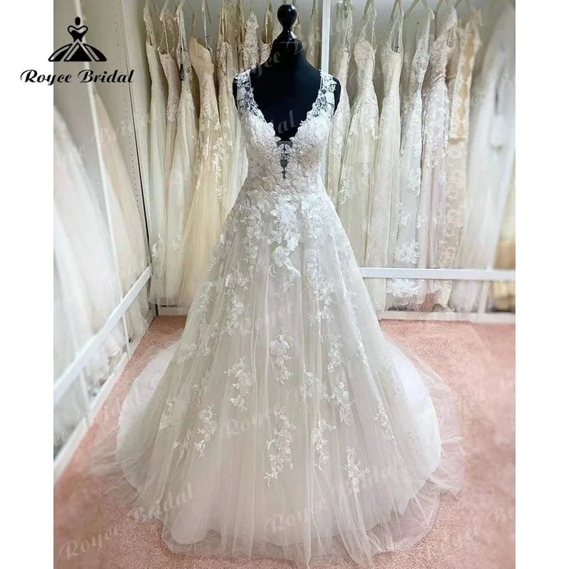 Elegant Women’s Clothing Online Roycebridal vestidos de novia Elegant A Line Wedding Dress Open Back Lace Appliques Deep V Neck Tank Sleeveless Bride Gown robe de mariée