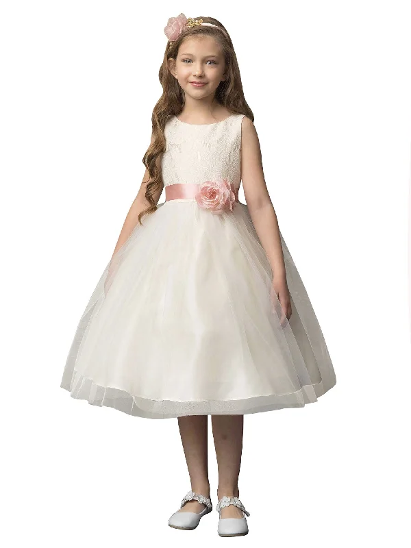 Trendy Urban Attire Big Girls Yellow Jacquard Tulle Tea Length Flower Girl Dress 8-12