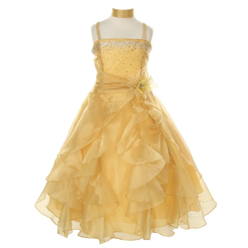 Comfortable Loungewear for Women Little Girls Gold Crystal Organza Cascade Ruffle Dress 2-6