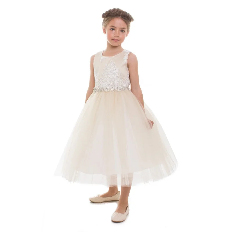 Timeless Elegance Redefined Little Girls Champagne Beaded Applique Flower Girl Dress 2T-6