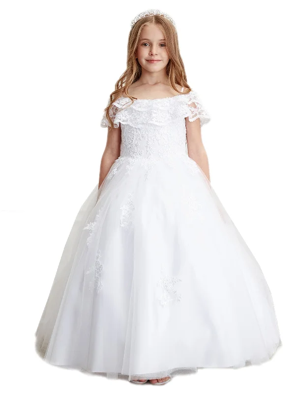 Trendy New Clothes Little Girls White Double Layer Lace Overlay Off Shoulder Pageant Dress 2-6