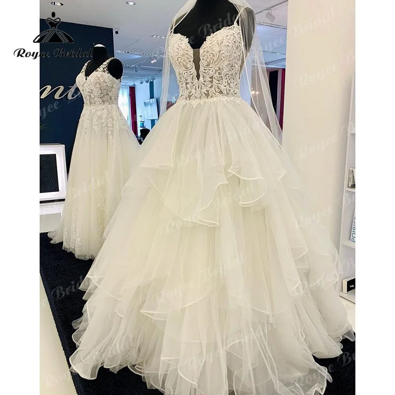 Chic Women’s Clothing for Date Nights Roycebridal Princess A Line Spaghetti Straps Wedding Dress Deep V Neck Lace Bodice Boho Beach Beadings Wedding party dresses Robe De Mariée