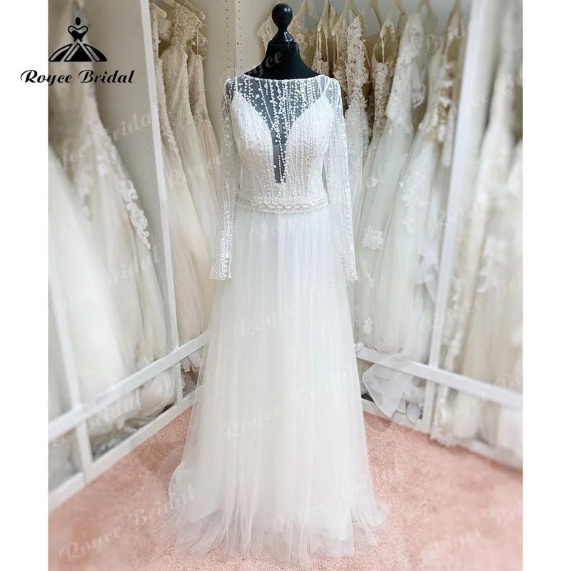 Women’s Clothing for All Occasions Roycebridal trouwjurk Vintage Long Sleeve Lace Tulle Wedding Dress Backless Sweep Train Beach Wedding Gown vestido de novia robe femme 2025