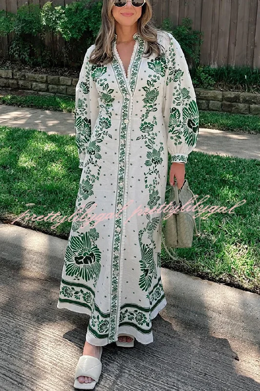 Clothing Store Forest Soul Unique Print Button Down Long Sleeve Shirt Maxi Dress