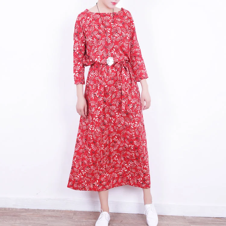 Seasonal Sale stylish red floral linen dress casual o neck caftans New tie waist maxi dresses