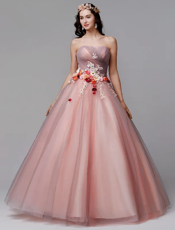 Best Sellers Ball Gown Floral Formal Evening Dress Strapless Sleeveless Floor Length Tulle with Pleats Flower