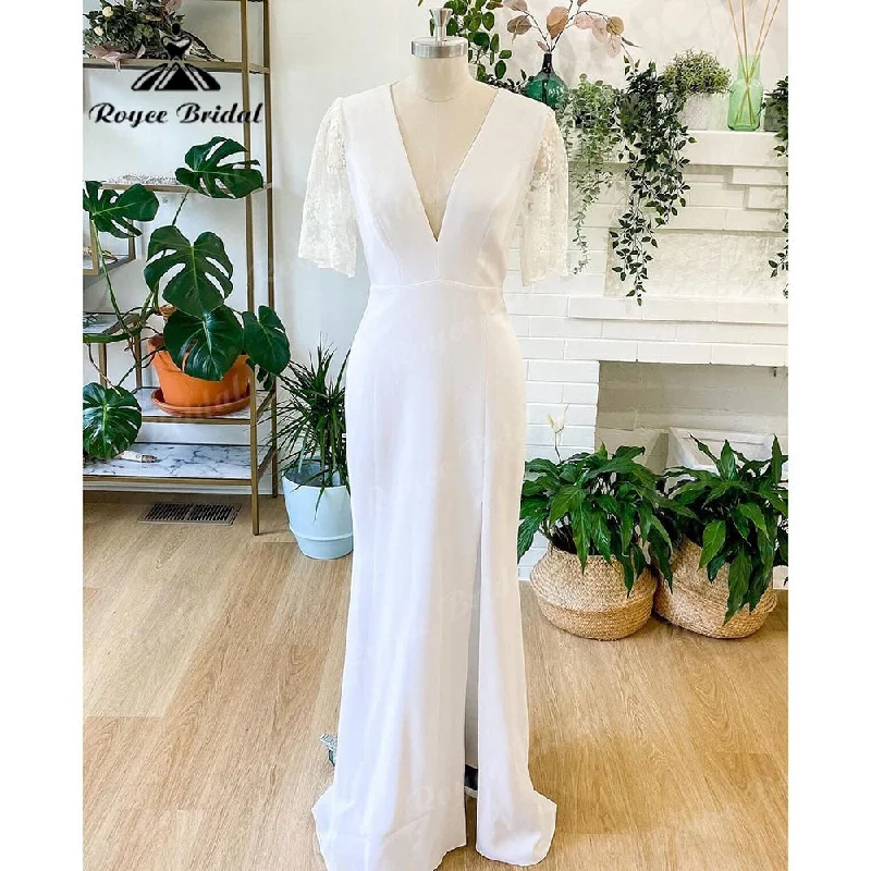 Stylish Loungewear for Women Roycebridal Elegant Lace Split Side Soft Satin Mermaid Boho Wedding Dress for Women 2025 V Neck Wedding Reception Dress Bride Roycebridal