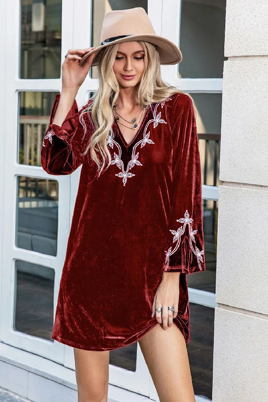 High End Women's Wear V-Neck Long Sleeve Mini Dress