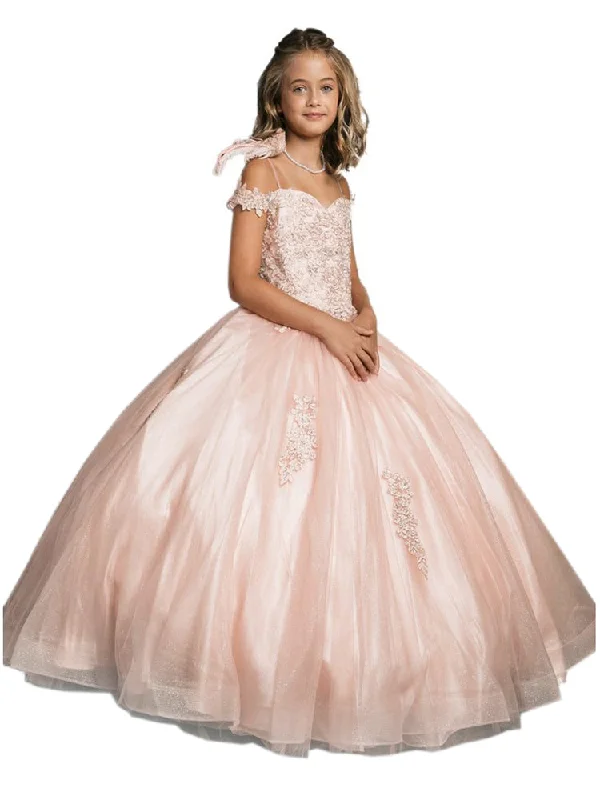 Trendsetting Threads Little Girls Blush Embroidered Bodice Off Shoulder Tulle Gown 2-6