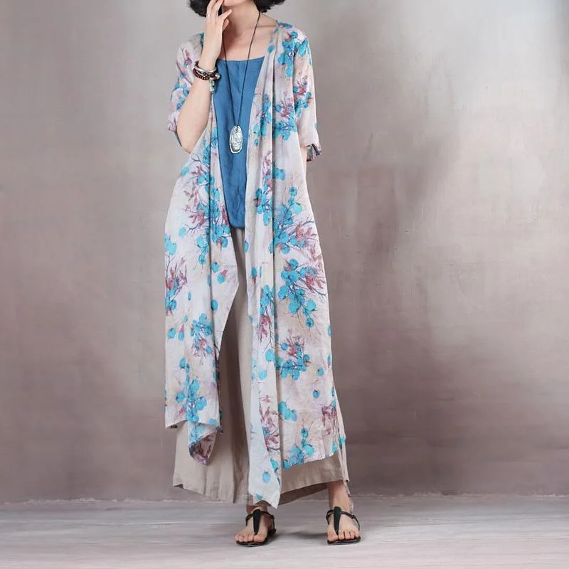 Timeless Elegance vintage blue floral long linen dresses plus size v neck linen gown vintage half sleeve tie waist kaftans