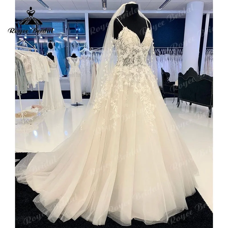 Feminine Dresses for Women in Bold Prints Roycebridal Luxury Floral Lace Appliques Wedding Gowns Women 2025 Abito Sposa Elegant Bridal Boho Wedding Dresses Beading Spaghetti Straps