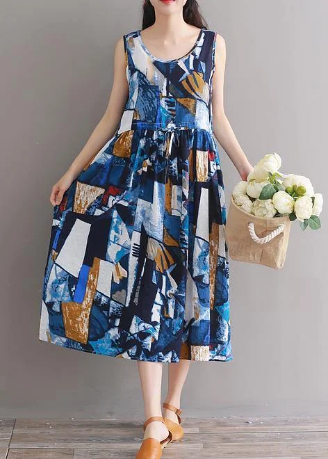 Flash Sale Or Flash Sales Modern blue floral linen cotton clothes For Women tie waist loose summer Dress