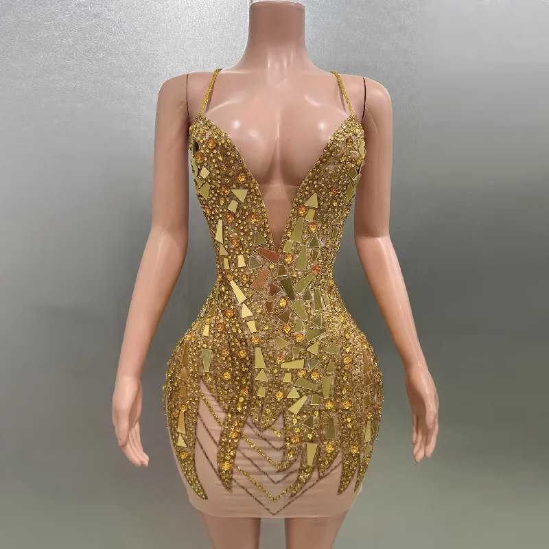 Sales For Clothes Sexy Gold Backless Sheath Mini Dress Flashing Sequins Birthday Evening Party Nightclub Singer Performance Costume Stage Wear