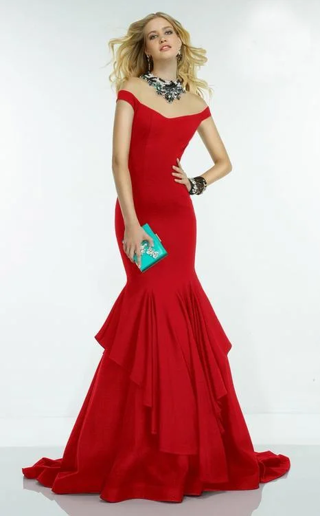 Women’s Formal Wear Alyce Paris Adorned Illusion Off Shoulder Ruffled Trumpet Gown 2551 - 1 Pc. Red in size 6 Available