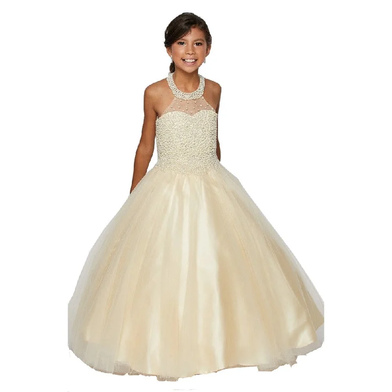 Chic Wardrobe Little Girls Champagne Dazzling Halter Neck Party Tulle Flower Girl Dress 4-6