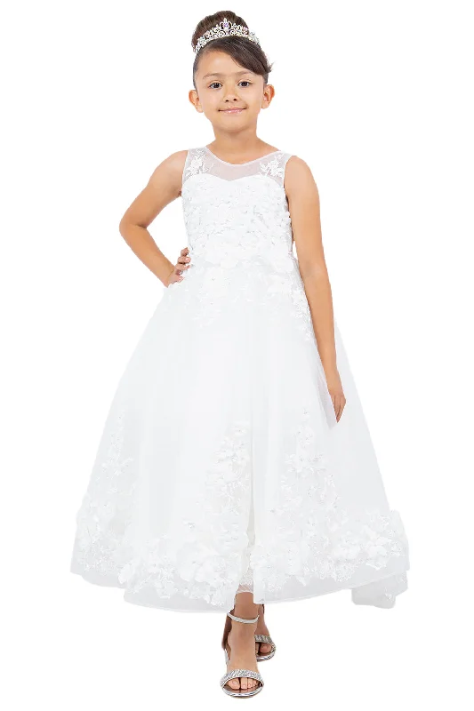 Women’s Clothing for Every Occasion Girls Illusion Tulle Top 3D Flower Sheer Sleeve Flower Girl Dress 2-12