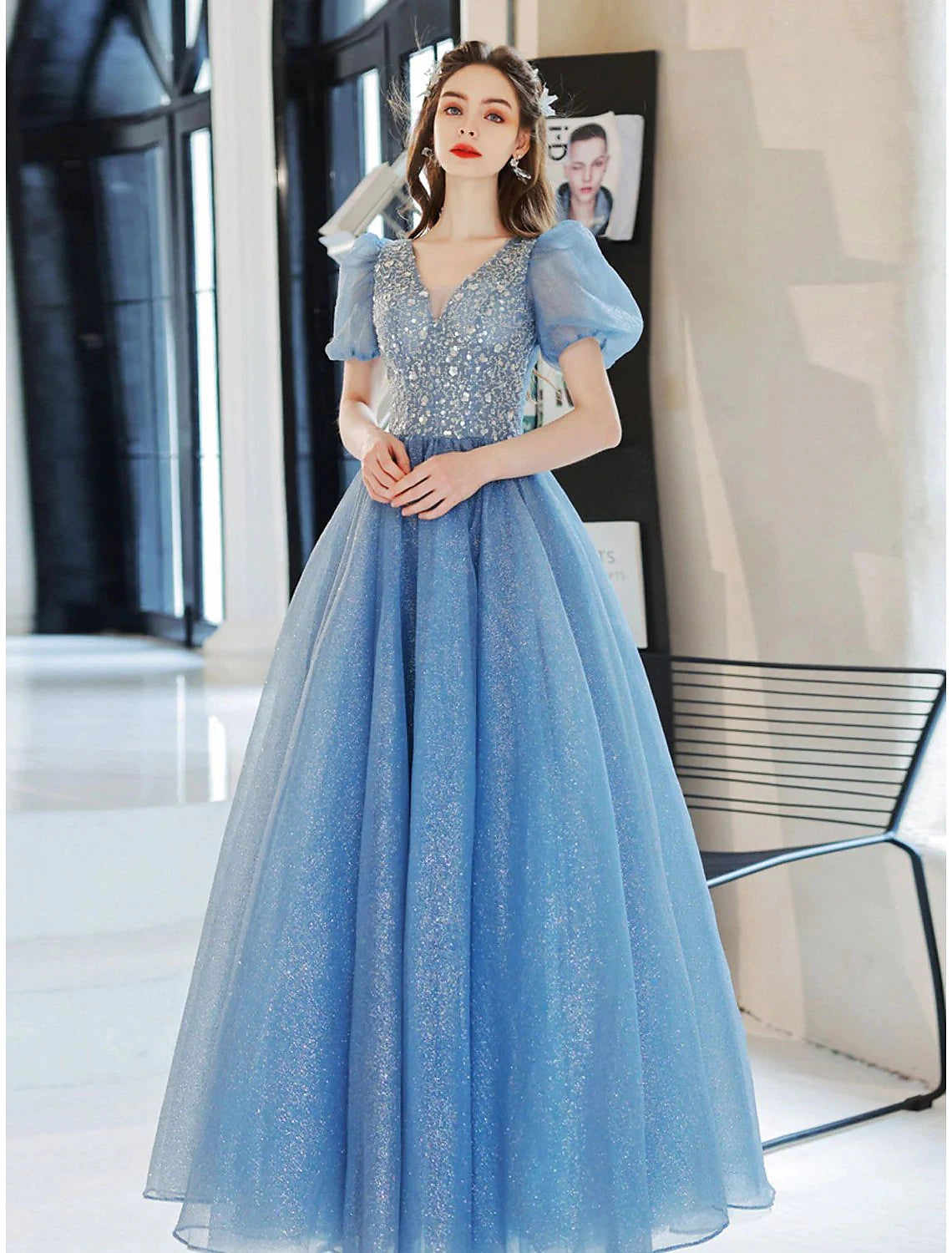 Top Deals Ball Gown A-Line Evening Gown Floral Dress Prom Floor Length Short Sleeve V Neck Tulle with Glitter Beading Sequin