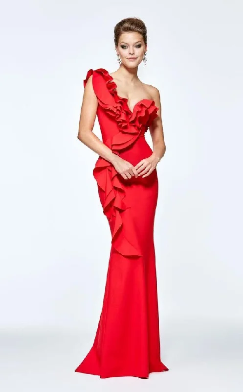 Effortless Chic for Women Tarik Ediz One Shoulder Ruffled Sheath Evening Gown 93110