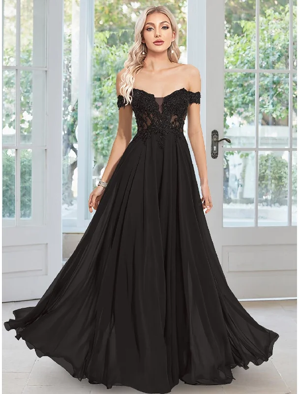 Modern Women’s Apparel A-Line Evening Gown Floral Dress Prom Floor Length Sleeveless Off Shoulder Chiffon with Appliques