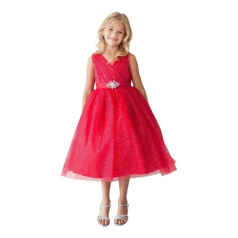 Summer Sale Little Girls Red Glitter Tulle V-Neck Rhinestone Brooch Flower Girl Dress 2-6