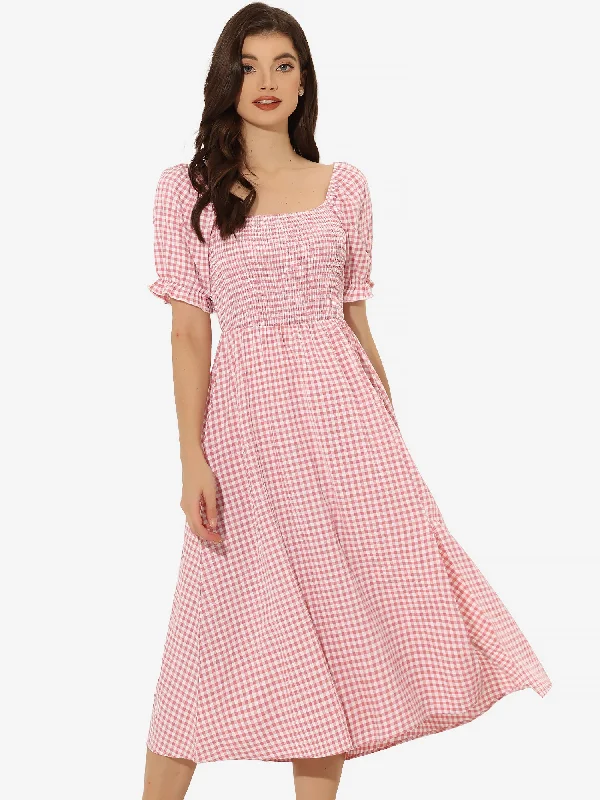 Boho Chic Fashion Vintage Smocked Front Shirred Tie Back Checks Slit Side Gingham Midi Dress