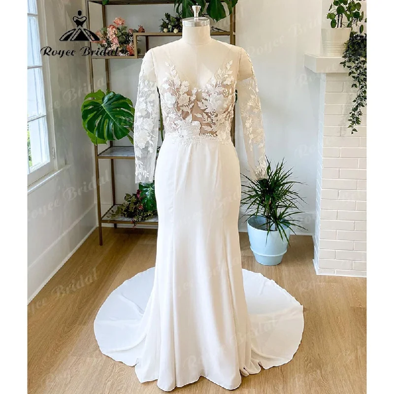 Fashionable Casual Tops Roycebridal Summer Long Sleeve Lace Soft Satin Mermaid Wedding Dress V Neck 2025 Appliques Bridal Gown Sweep Train robe robe de mariée sirèn