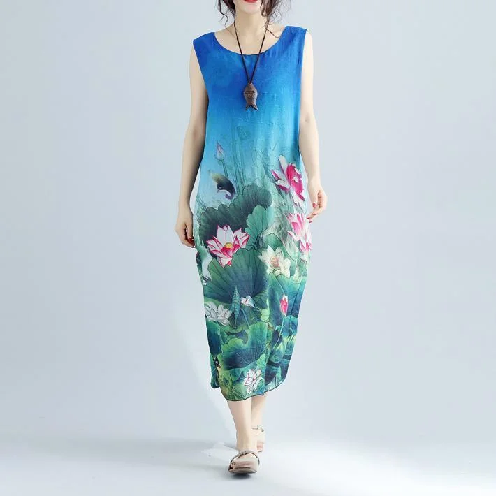 Affordable Women’s Clothing Sale Online fine blue floral long cotton dress plussize sleeveless long cotton dresses boutique side open cotton clothing dresses