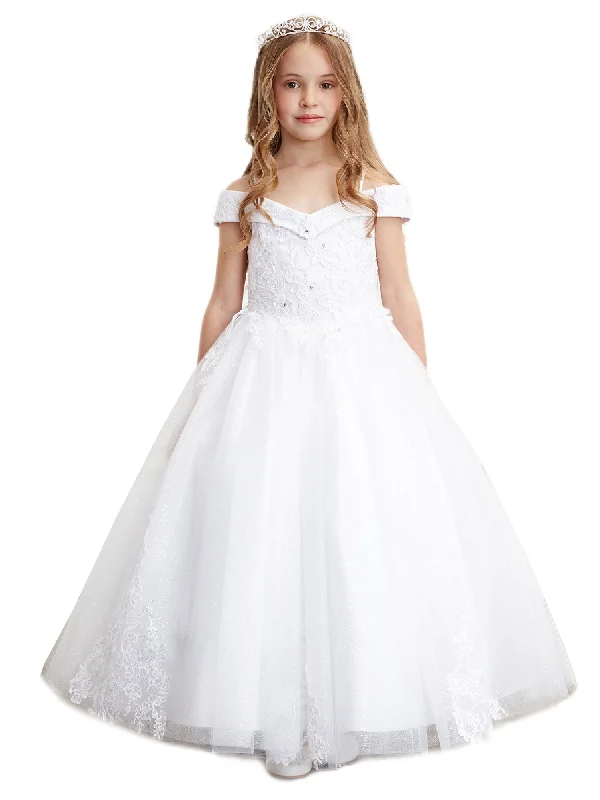 Women's Clothing Sale Little Girls White Off Shoulder Lace Applique Corset Back Pageant Dress 2-6