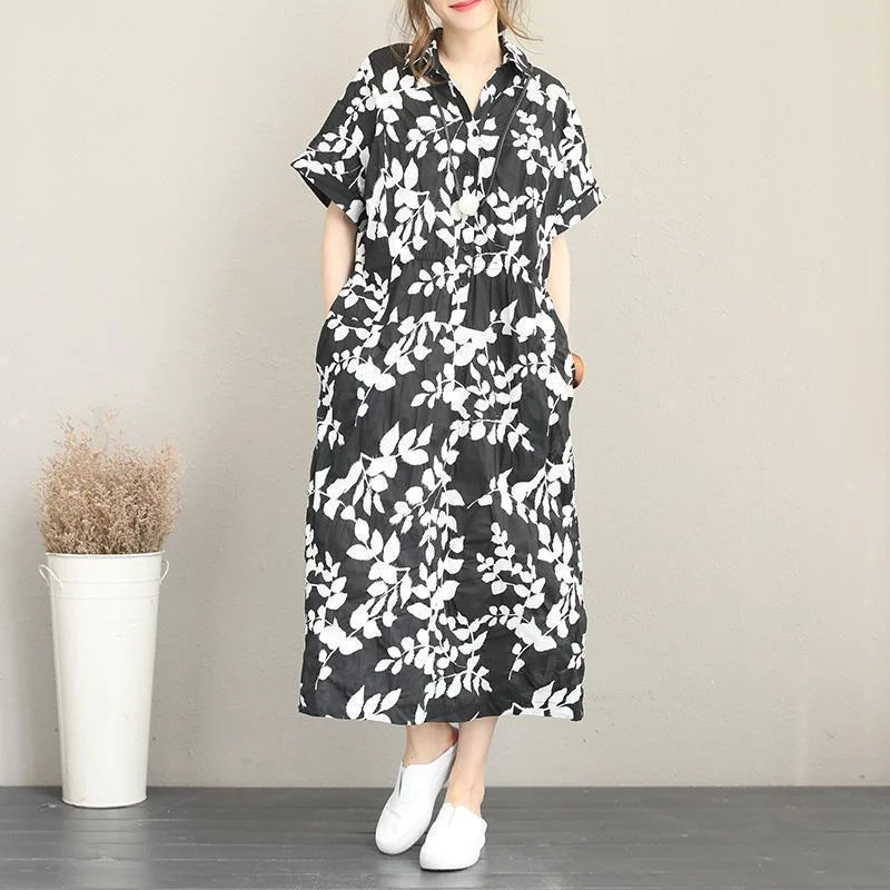 Women Fashion New floral long cotton dress plus size clothing lapel collar caftans New short sleeve caftans