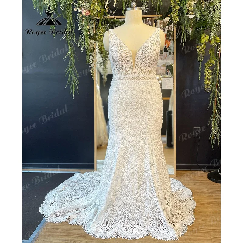 Stylish Dresses for Women Roycebridal Vintage Plunging V Neck Lace Mermaid Boho Wedding Dress for Women 2025 Bridal Gown Floor-Length robe mariée sirene Roycebridal