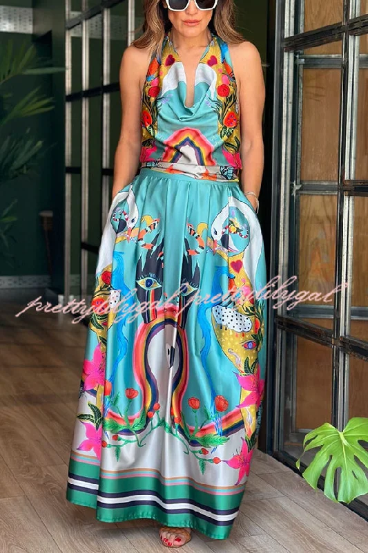 High Street Women’s Fashion for Trendy Shoppers Evangeline Satin Unique Print Back Tie-up Pocket Halter Maxi Dress