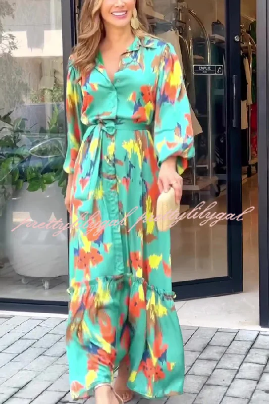 The Latest Fashion Trends Multicolor Printed Lapel Balloon Sleeves Tie-waist Maxi Dress