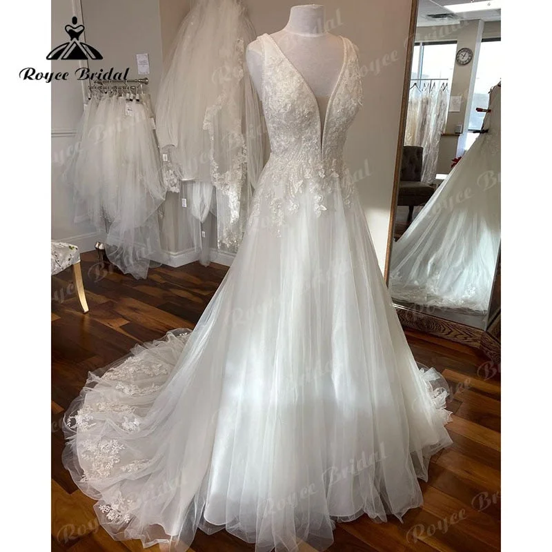 Cheap Women's Clothing Online Roycebridal Deep V Neck A Line Beach Wedding Dress Sleeveless 2025 Sweep Train Vestido Novia Elegant Women Bridal Wedding Gowns Custom Made