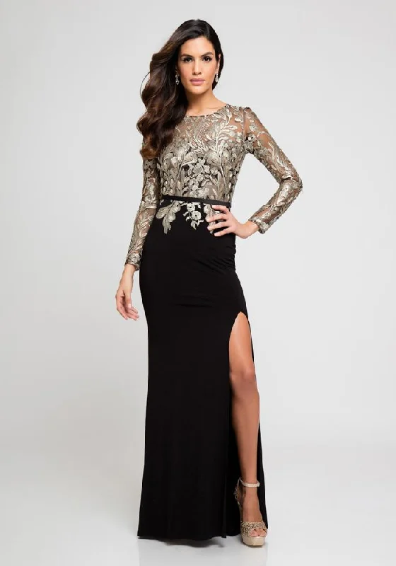 Don't Miss Out Terani Couture - Embroidered Long sleeves Evening Gown 1723E4290 - 1 pc Black/Gold/Nude in Size 6 Available