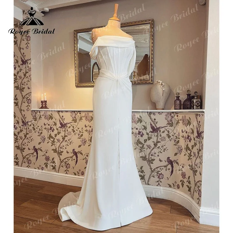 Trendy Boutiques Online Roycebridal robe mariée sirene Simple Satin Wedding Dress Off the Shoulder Split Pleats Mermaid/Trumpet Wedding Reception Dress for Bride