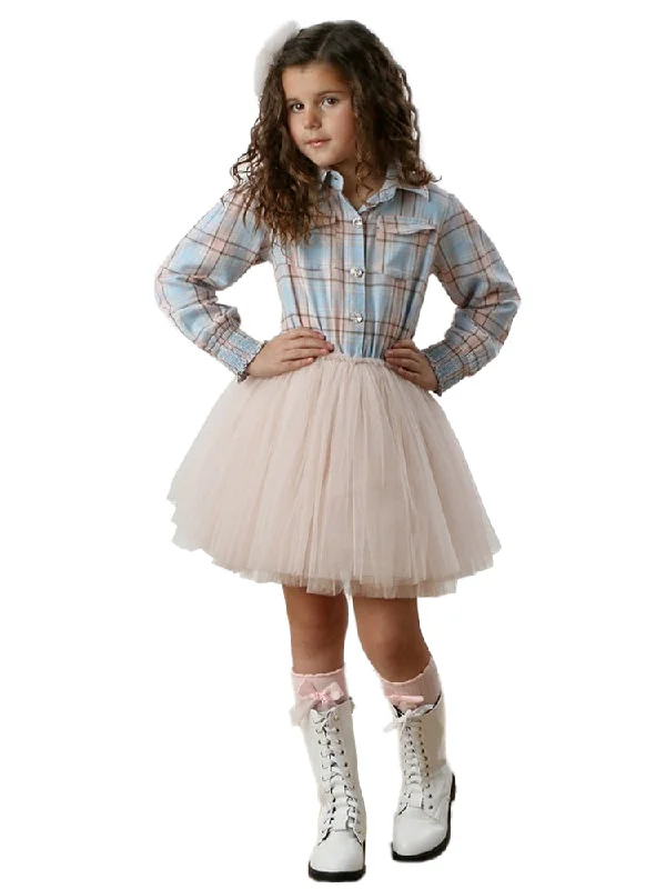 Unleash Your Trendy Side Girls Sky Plaid Long Sleeve Stylish Alix Dress, 12M-14