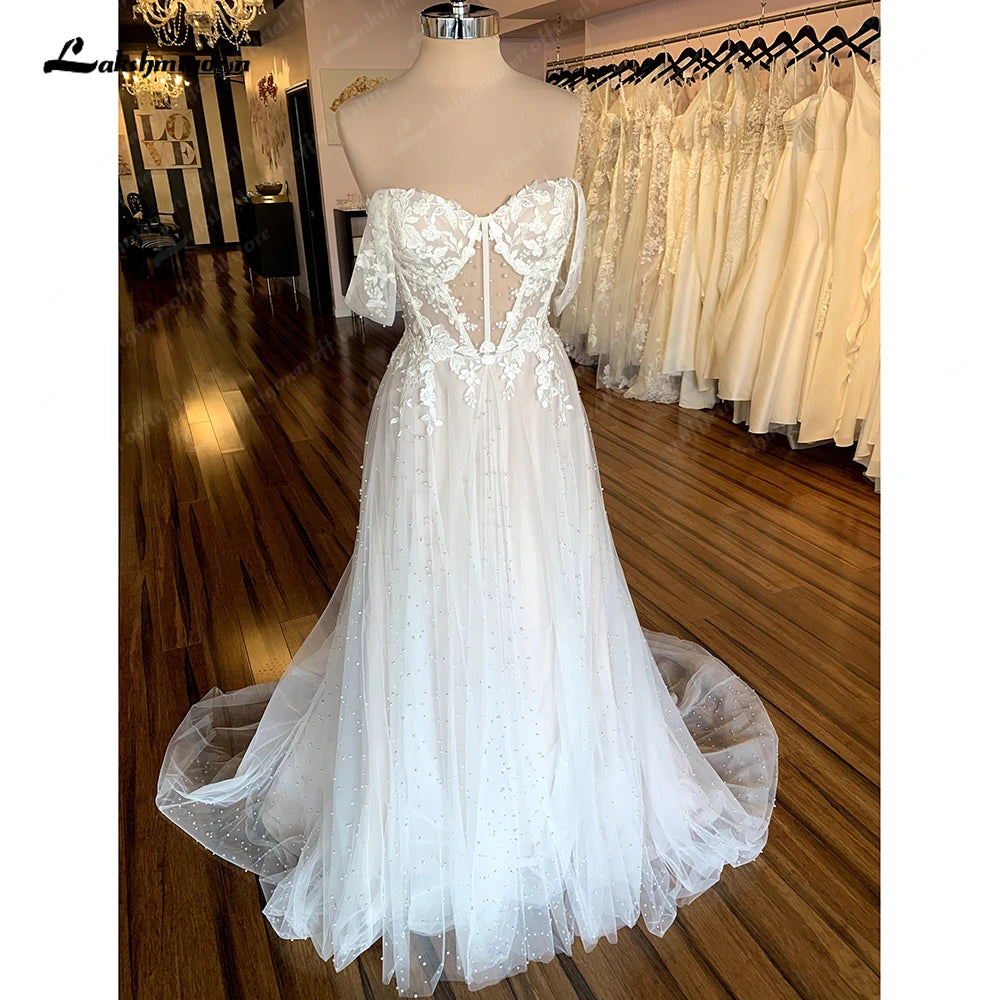 Crazy Discounts, Hurry Up Lakshmigow Boho Wedding Gowns Champagne Off the Shoulder Vintage Lace Pearls Beaded Beach Bridal Dresses Vestido de novia